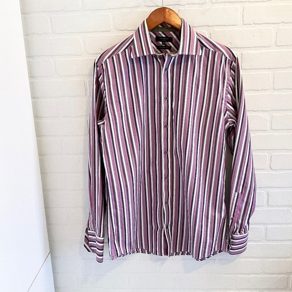 Ted Baker London Men’s Button Down Shirt Stripes Long Sleeve Purple Pink Sz 15.5 - Picture 2 of 15